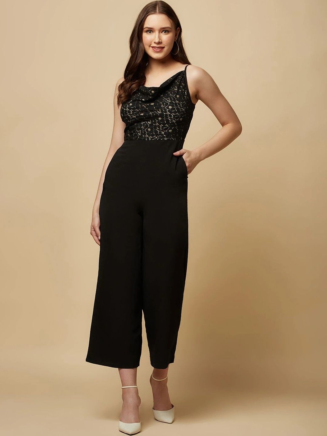 PINK PODS Cowl Neck Printed Basic Jumpsuit with Lace Inserts-picture-48