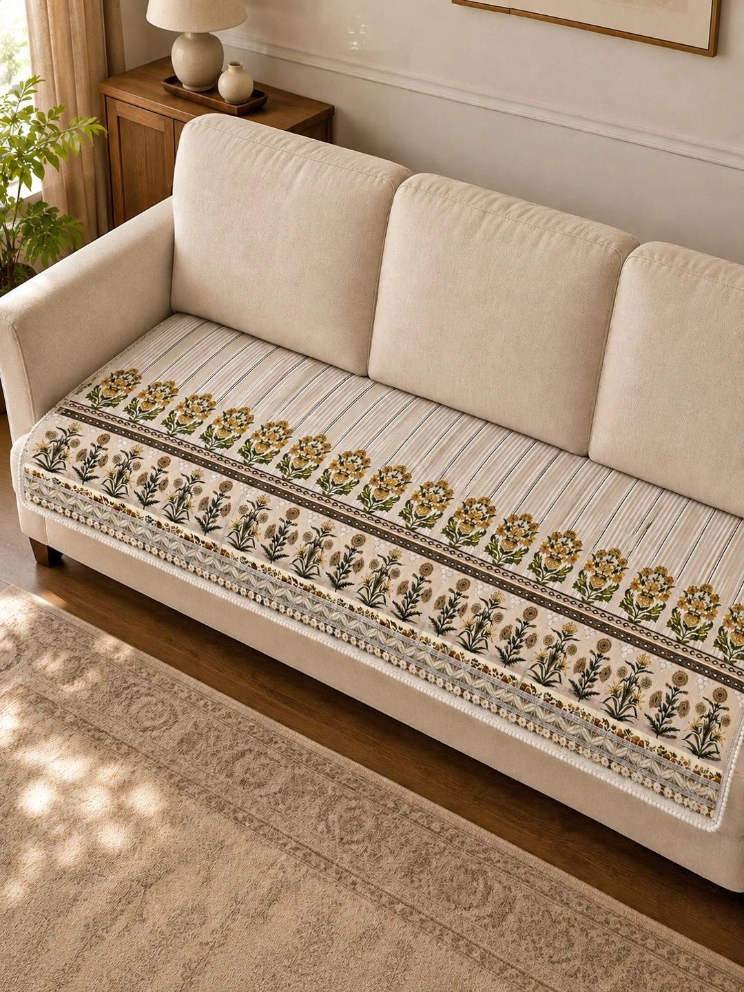 Clasiko Beige Printed 1 Piece Sofa Cover Without Arms-image-35