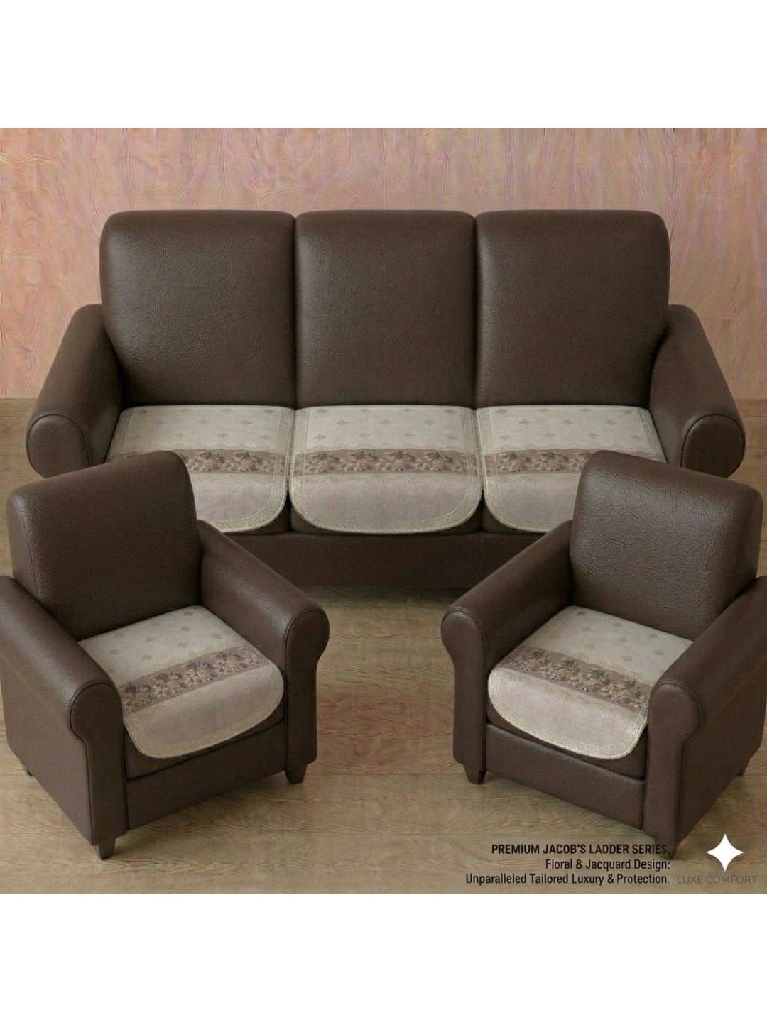 KANUM Peach-Coloured Printed 5 Piece Sofa Cover Without Arms-picture-8