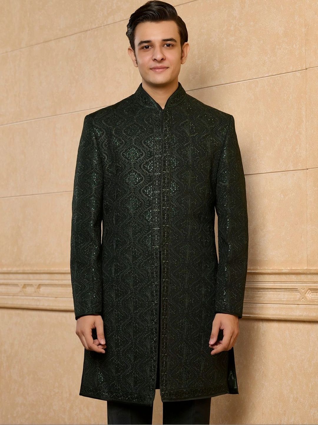 Tasva Embroidered Band Collar Sherwani Set-image-21