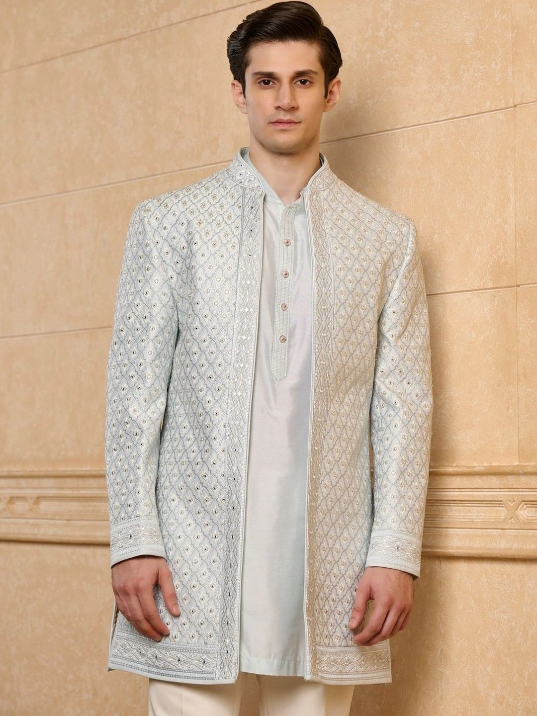 Tasva Embroidered Mandarin Collar Sherwani Set-picture-40