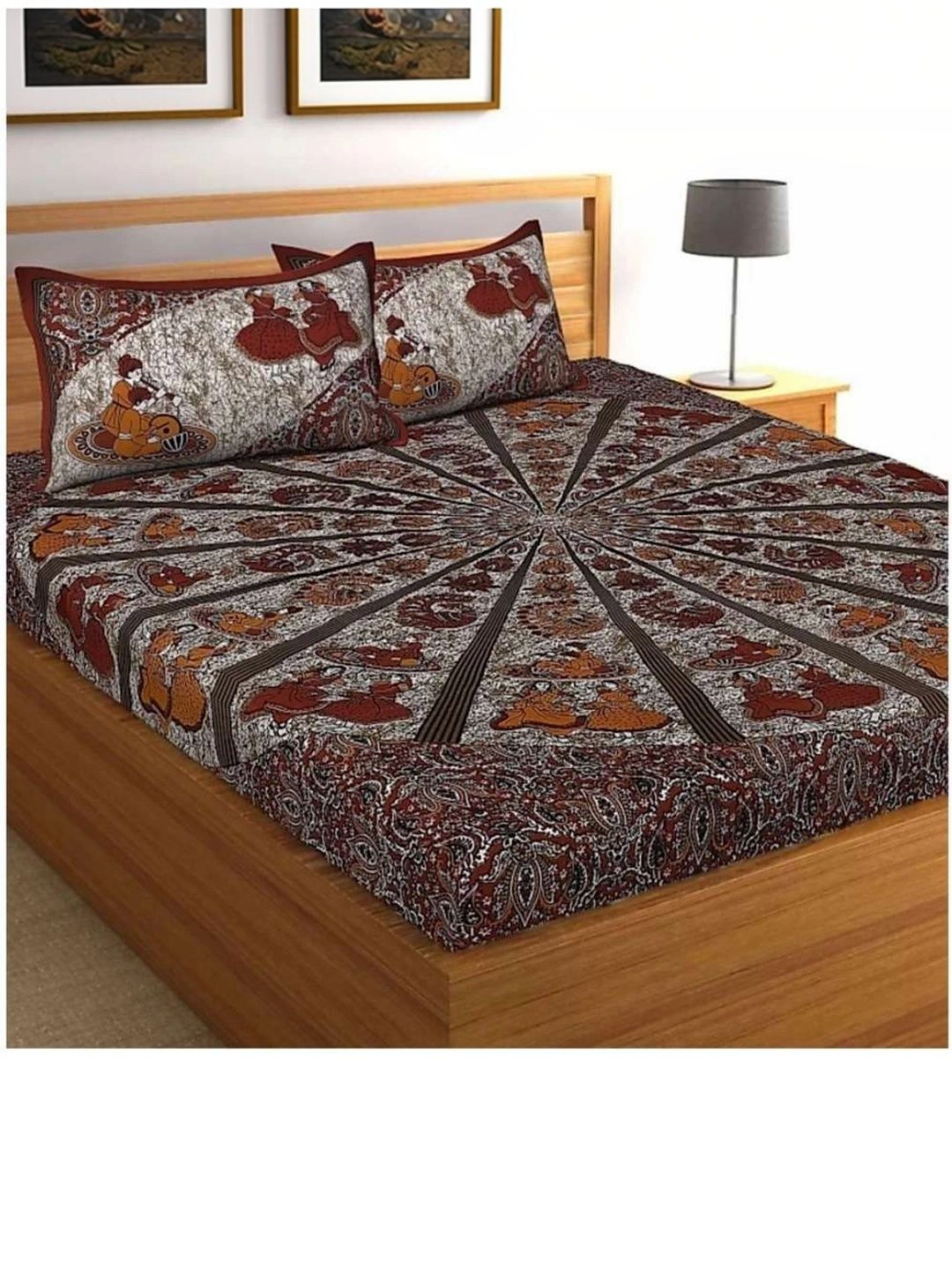 POOSHOP Maroon & Grey Ethnic Motifs 144 TC Queen Bedsheet with 2 Pillow Covers-image-13