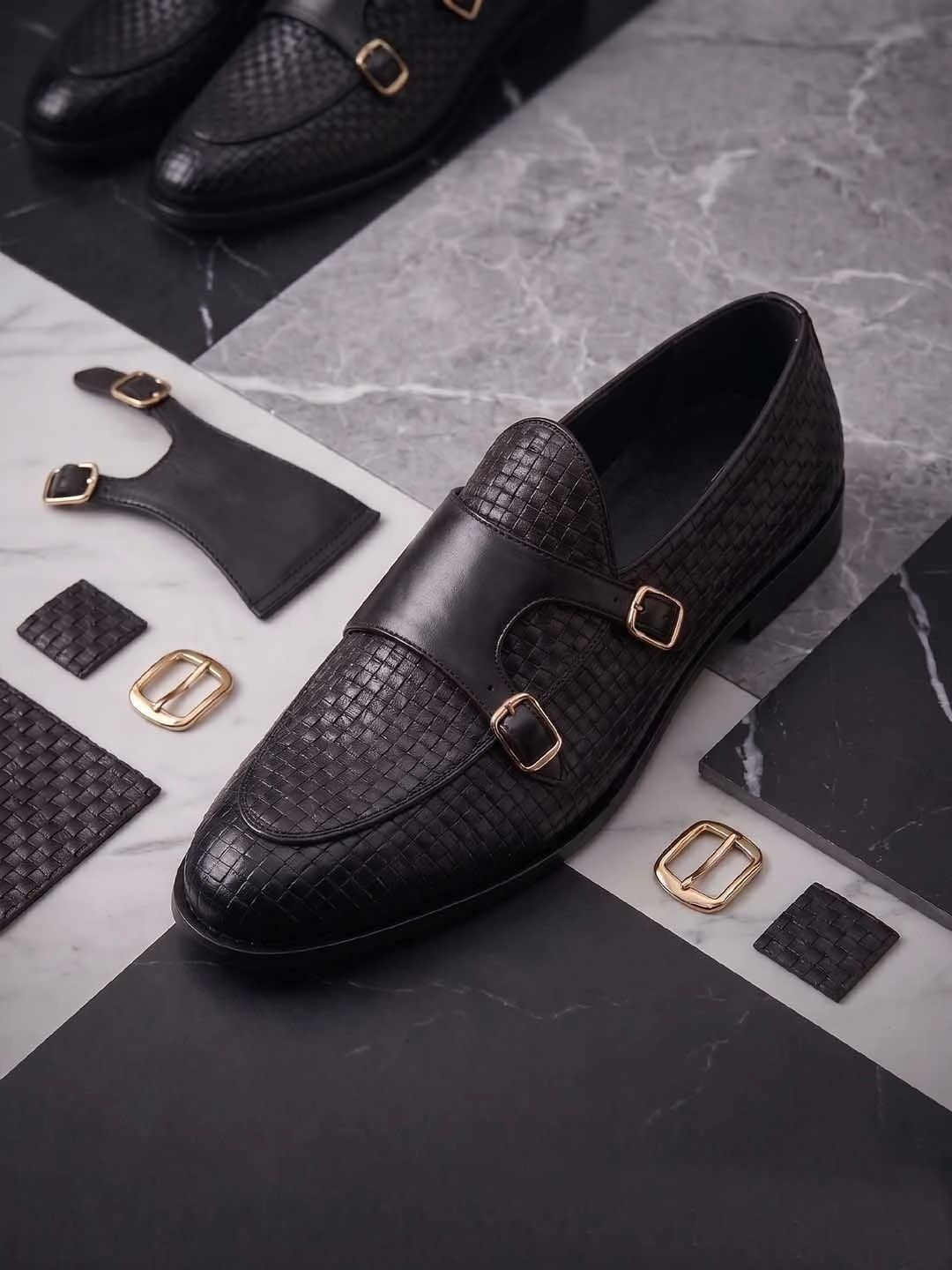 HERE&NOW Men Woven Design Round Toe Buckle Formal Monk Shoes-image-34