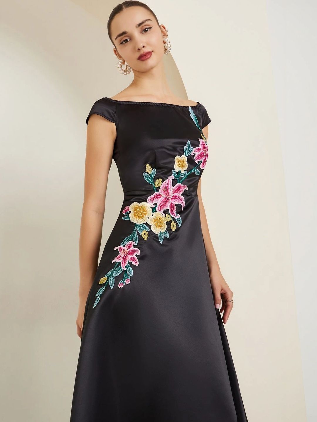 Styli Floral Embroidered Satin A-Line Midi Dress-image-31