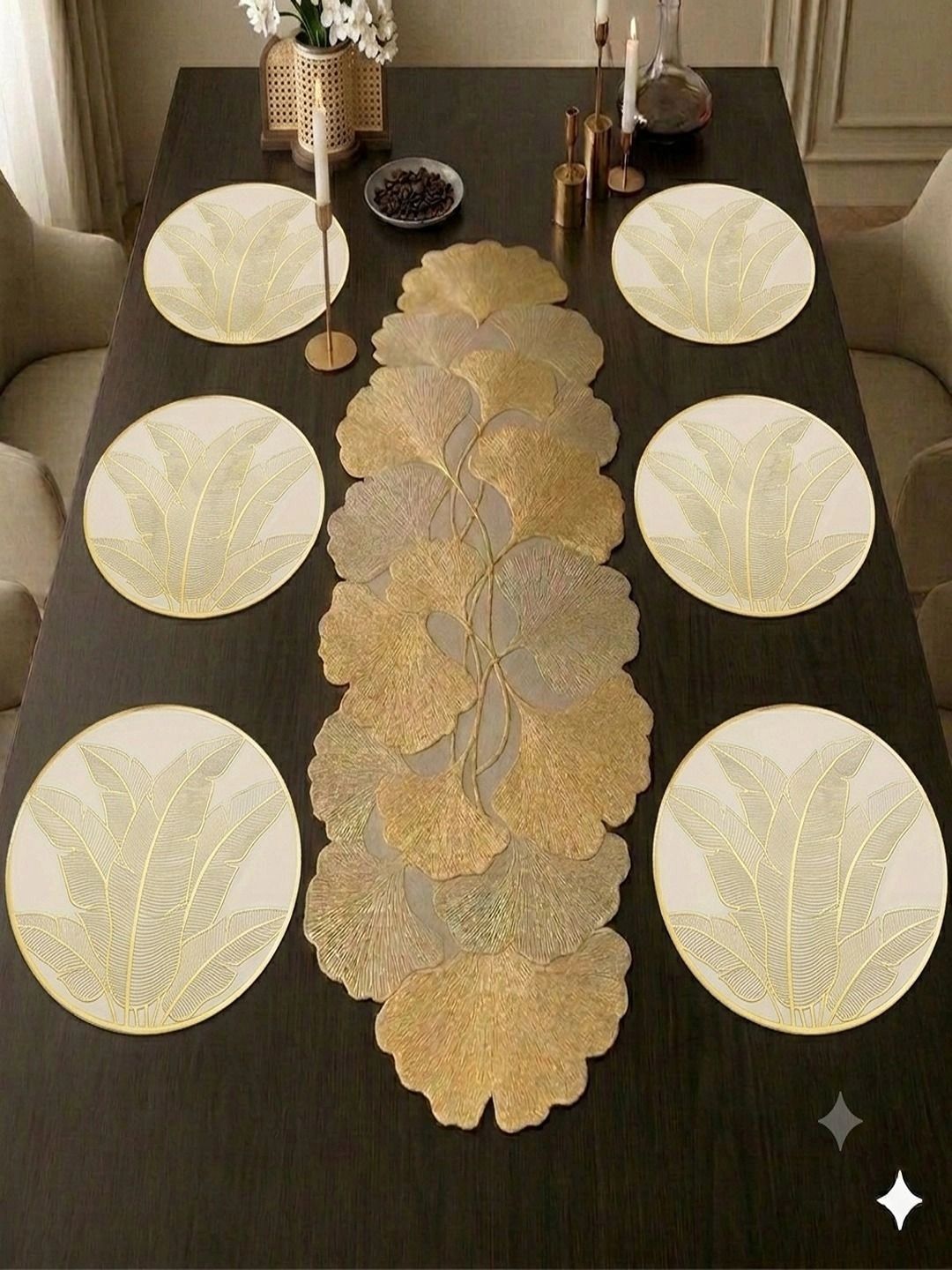 Dakshya Industries White & Gold-Toned 7 Pieces Floral PVC Round Table Placemats-picture-20