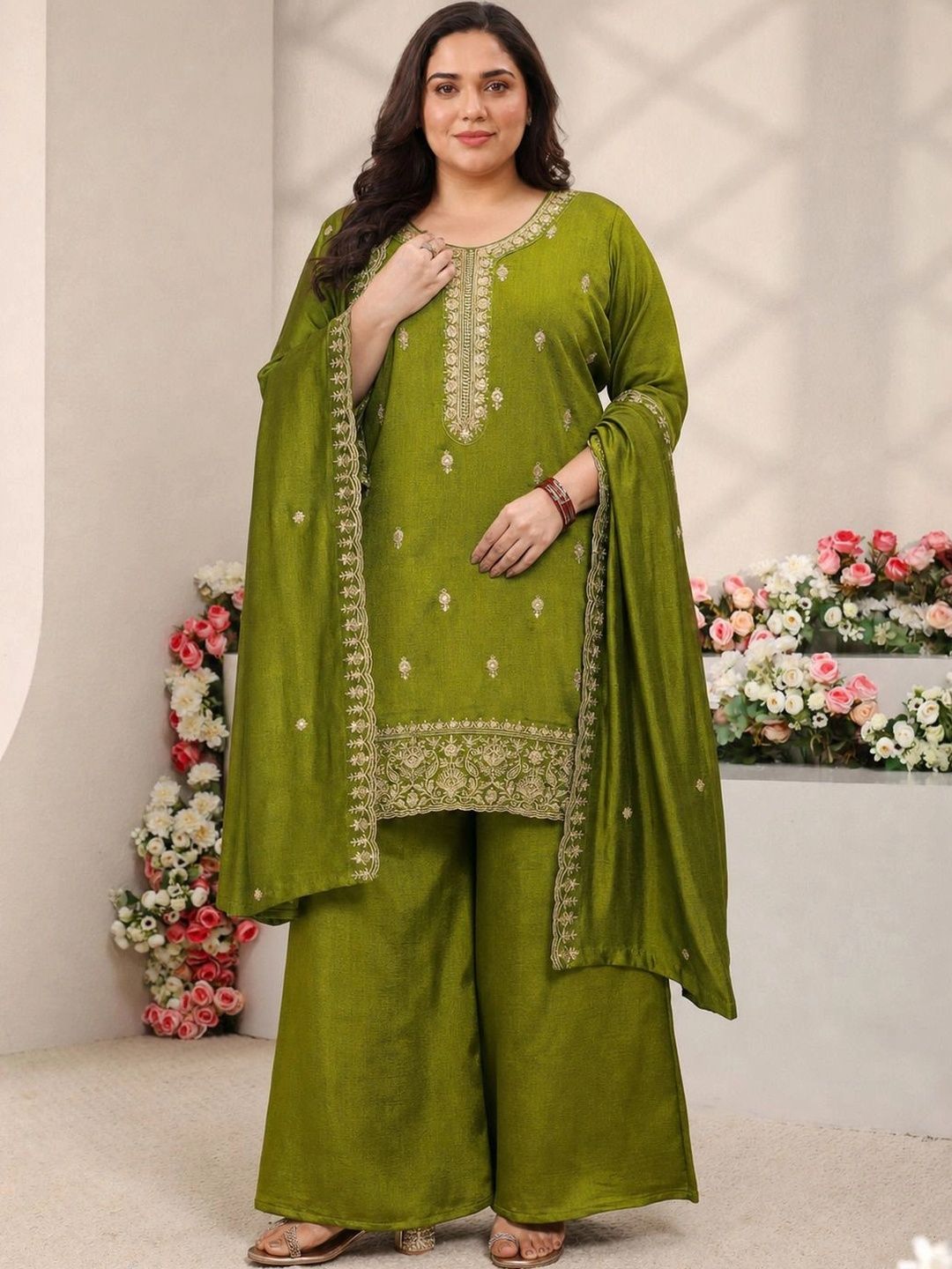 EXTRA LOVE BY LIBAS Women Ethnic Motifs Embroidered Regular Thread Work Kurta with Palazzos & With Dupatta-picture-18