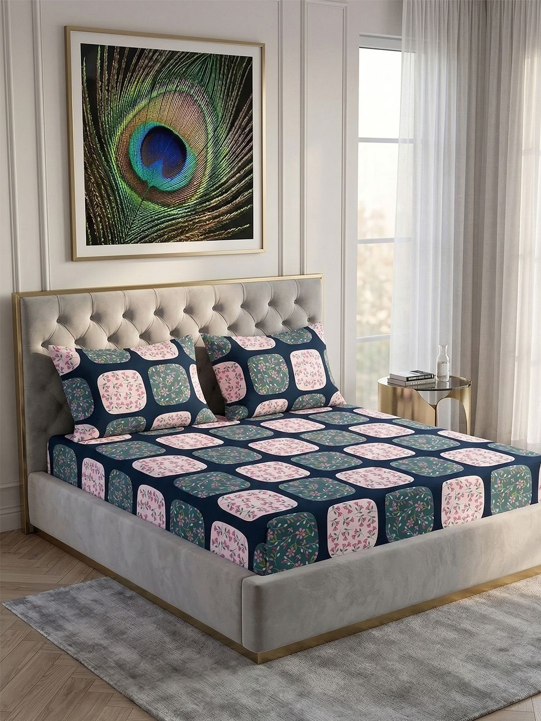 Myntra Elegant Homes Navy Blue & Pink Geometric 300 TC King Bedsheet with 2 Pillow Covers-picture-14