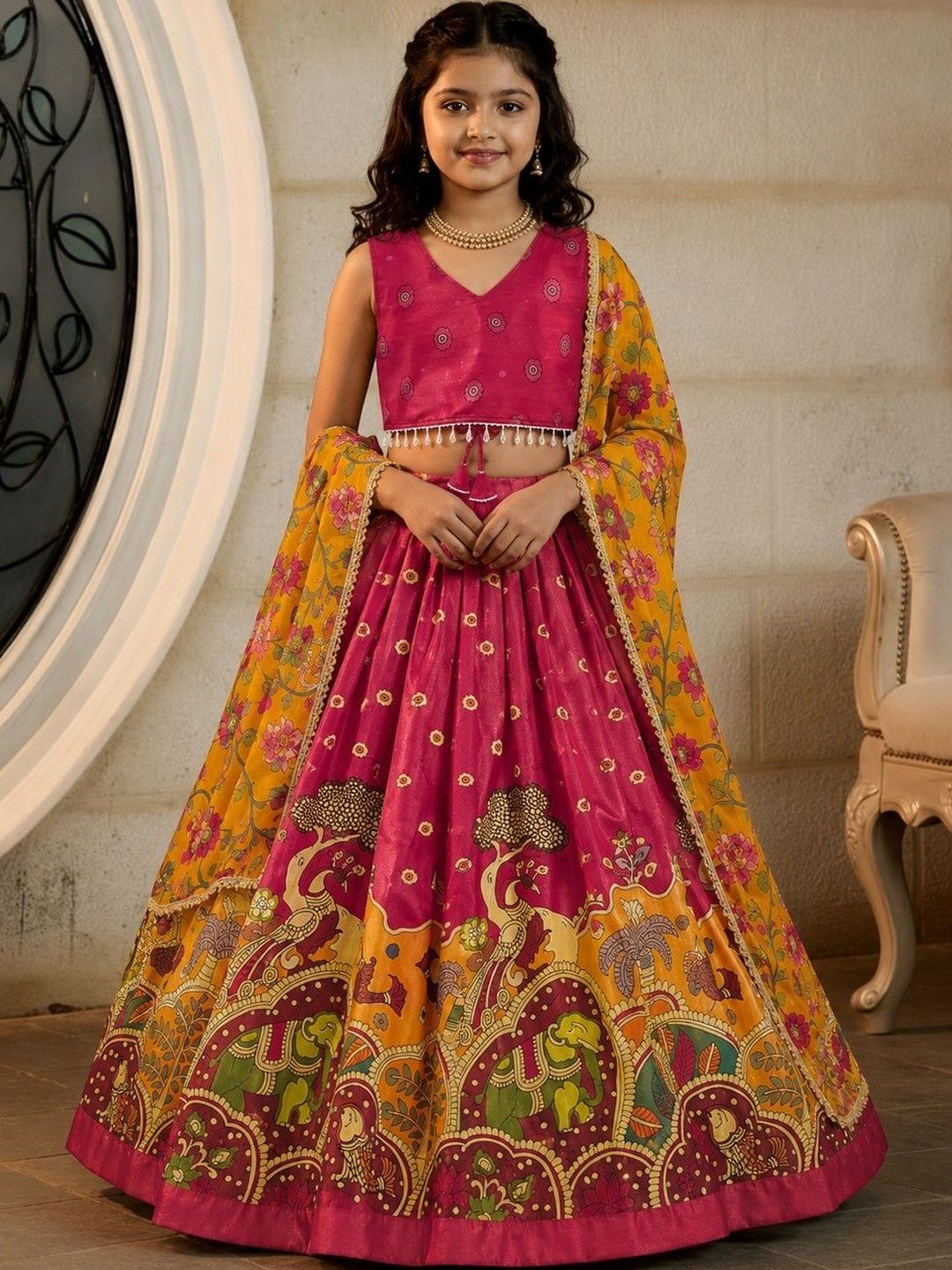 KALINI Girls Printed Kalamkari Ready to Wear Lehenga & Blouse With Dupatta-picture-12