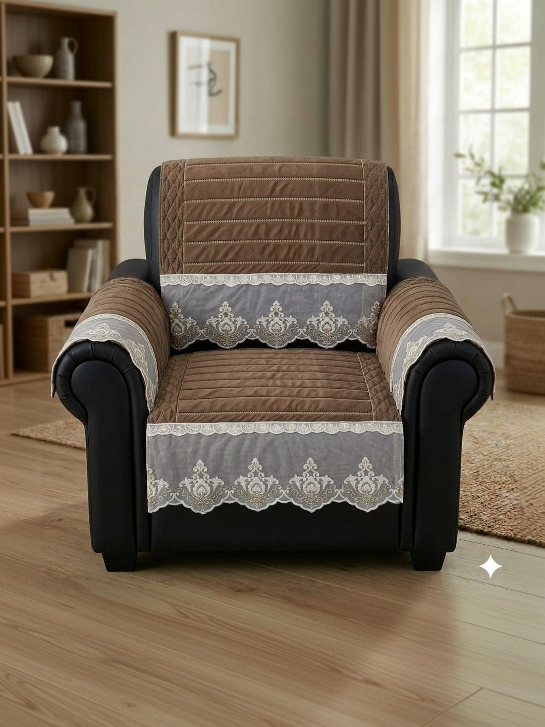 RAINBOW FURNISHINGS Brown Embroidered Viscose Rayon Blend 4 Piece Sofa Cover With Arms-picture-34