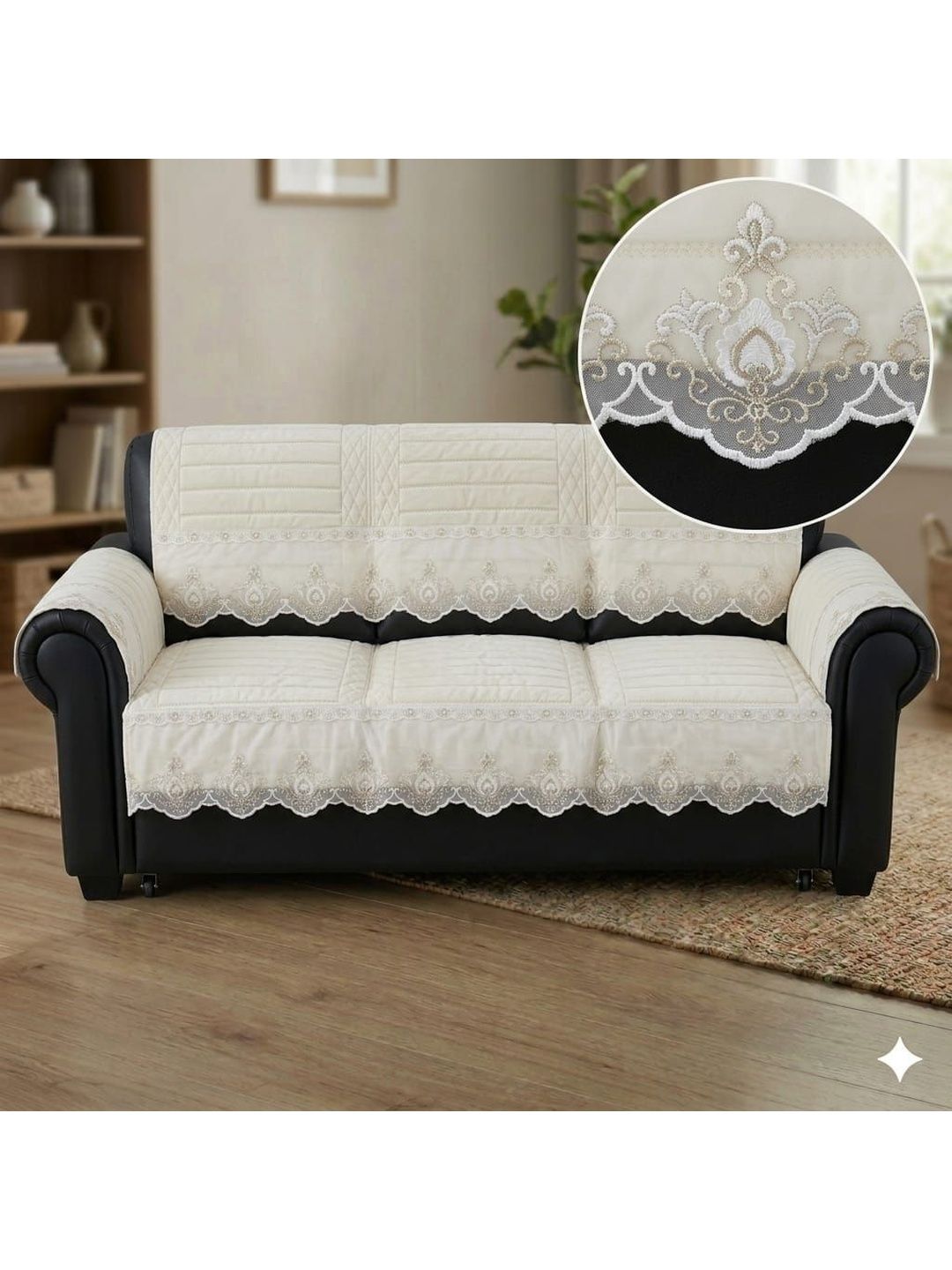 RAINBOW FURNISHINGS White Embroidered Viscose Rayon Blend Sofa Cover With Arms-picture-13