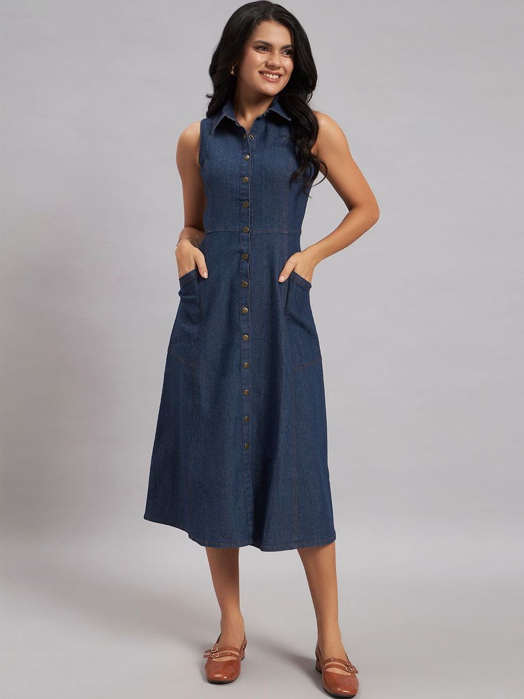 Cottinfab Denim A-Line Midi Dress-image-9