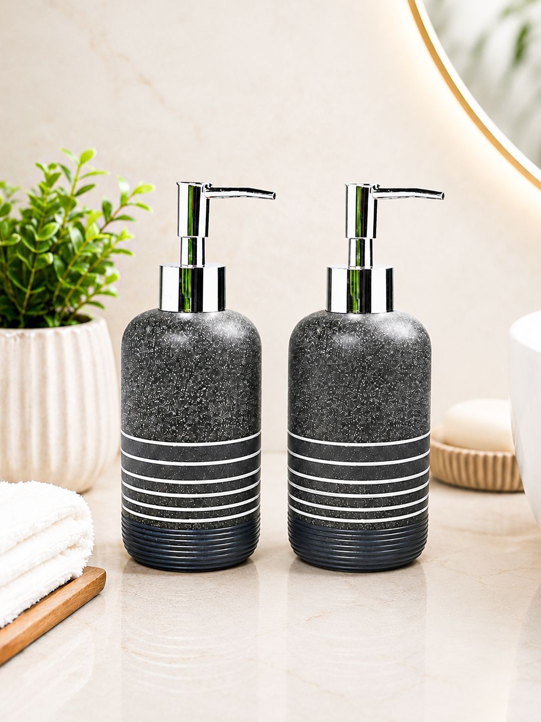 MARKET99 Grey 2 piece Striped Polyresin Soap Dispenser-image-22