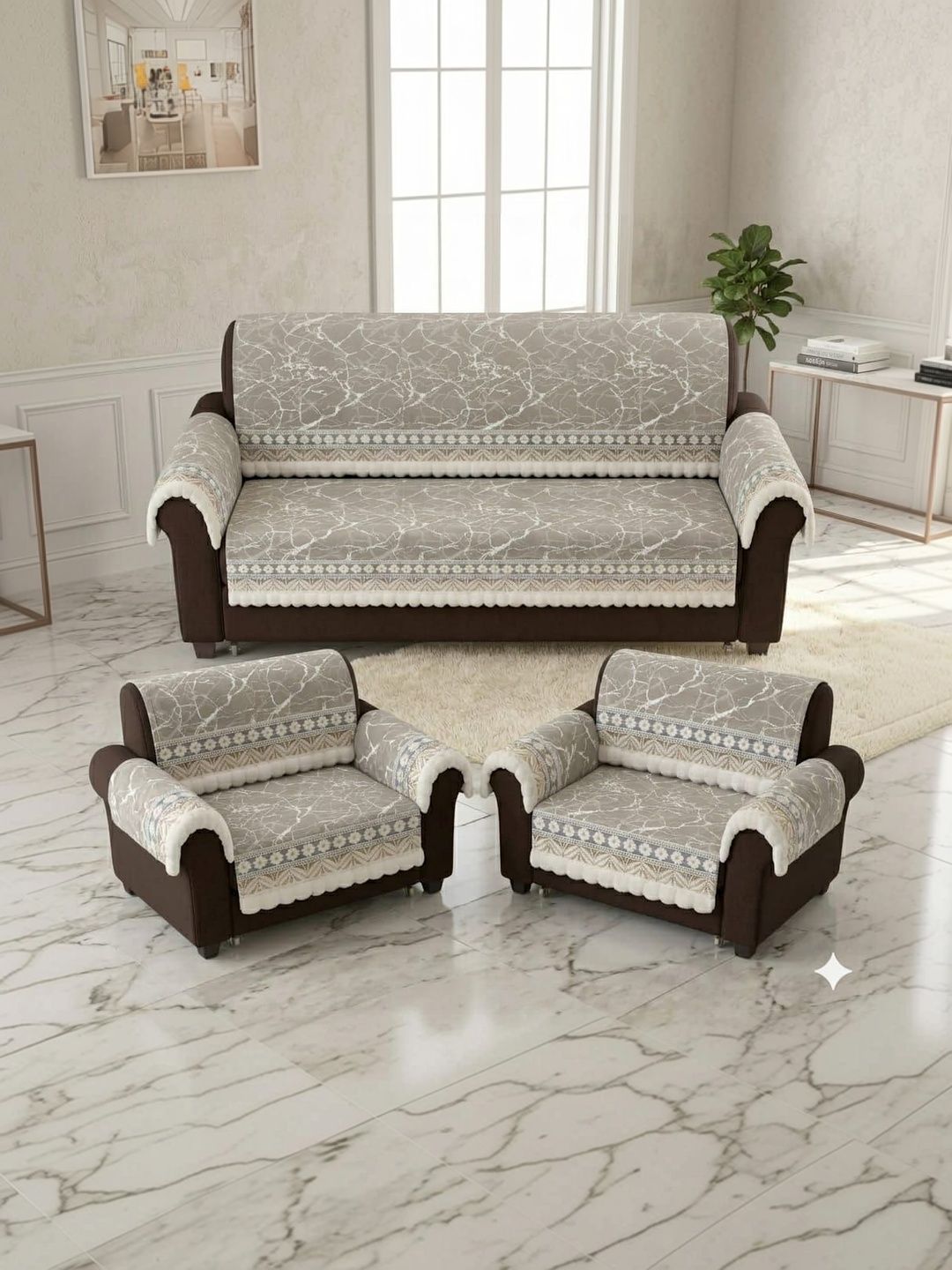 RAINBOW FURNISHINGS Cream-Coloured Printed Viscose Rayon Blend Sofa Cover With Arms-picture-48