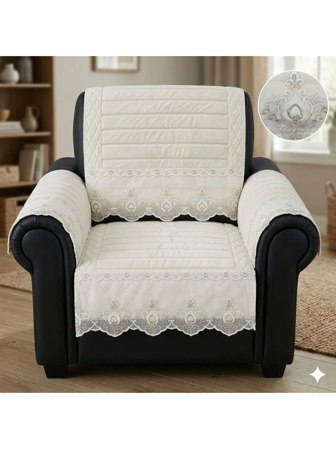 RAINBOW FURNISHINGS White Embroidered Viscose Rayon Blend 4 Piece Sofa Cover With Arms-picture-49