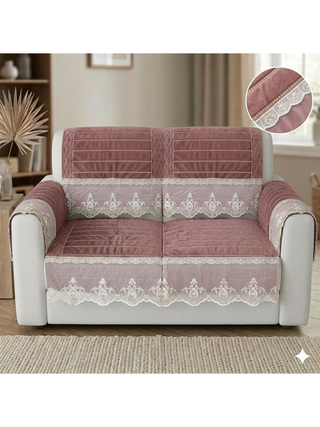 RAINBOW FURNISHINGS Pink Embroidered Viscose Rayon Blend Sofa Cover With Arms-picture-51