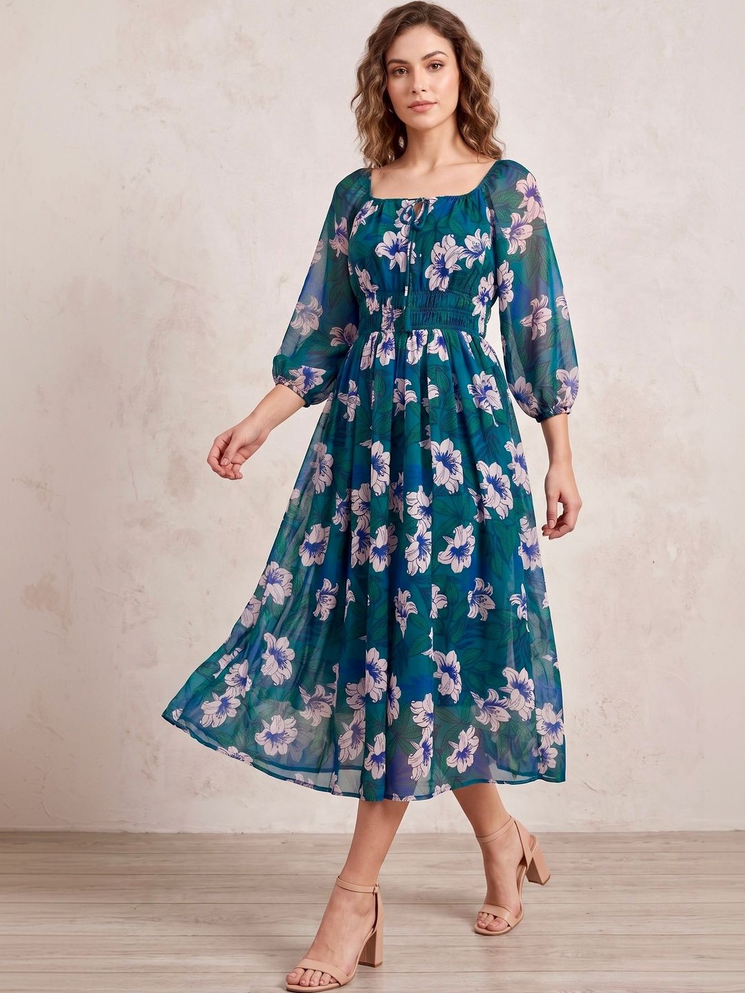 ROAD RIDER Floral Print Georgette A-Line Midi Dress-picture-13