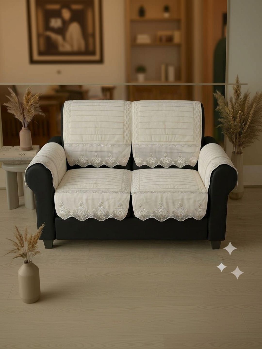 RAINBOW FURNISHINGS White Embroidered Viscose Rayon Blend Sofa Cover With Arms-image-38