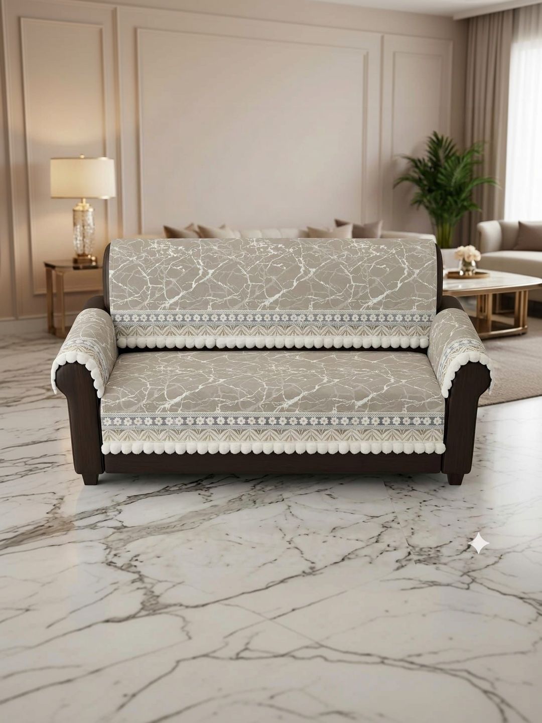 RAINBOW FURNISHINGS Cream-Coloured Printed Viscose Rayon Blend Sofa Cover With Arms-picture-10