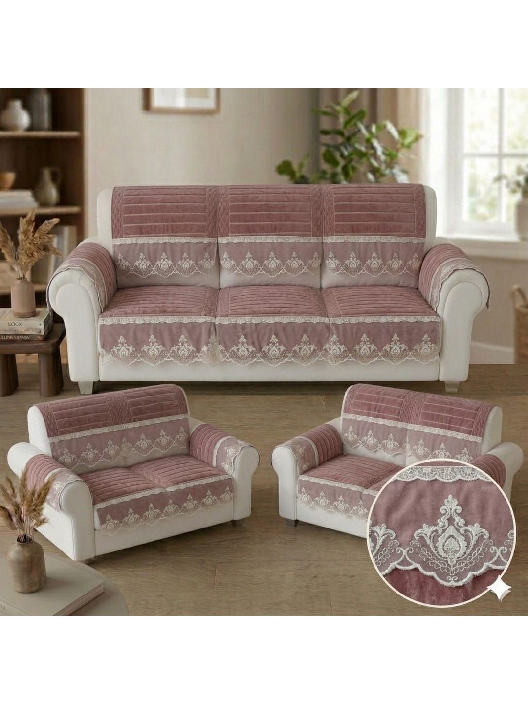 RAINBOW FURNISHINGS Pink Embroidered Viscose Rayon Blend Sofa Cover With Arms-image-23