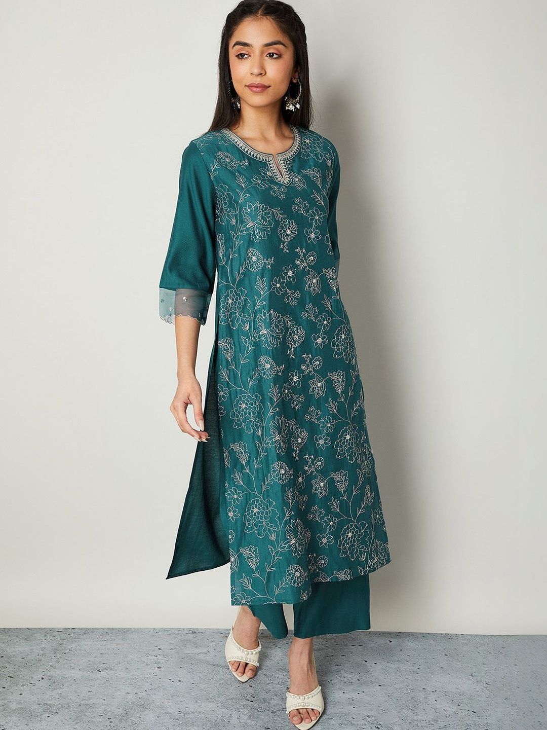 Melange by Lifestyle Women Floral Embroidered Regular Thread Work Pure Cotton Kurta with Trousers-picture-38