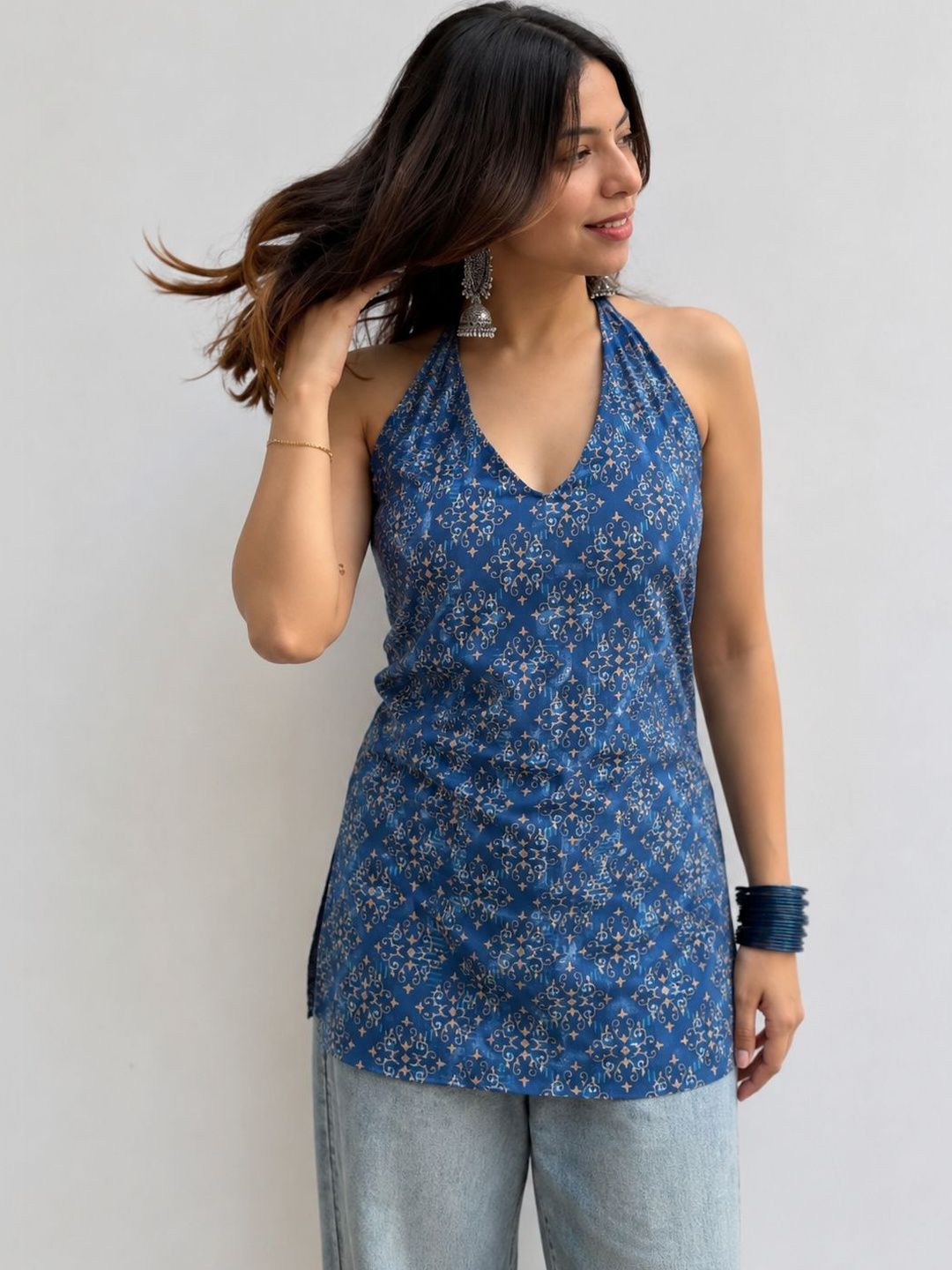 Sangria Women Ethnic Motifs Printed Halter Neck Indie Prints Kurta-picture-25