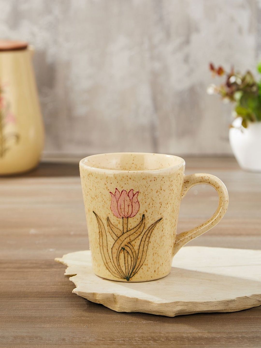 Fabindia Beige Floral Printed Ceramic Matte Mugs Set of Cups and Mugs-image-36
