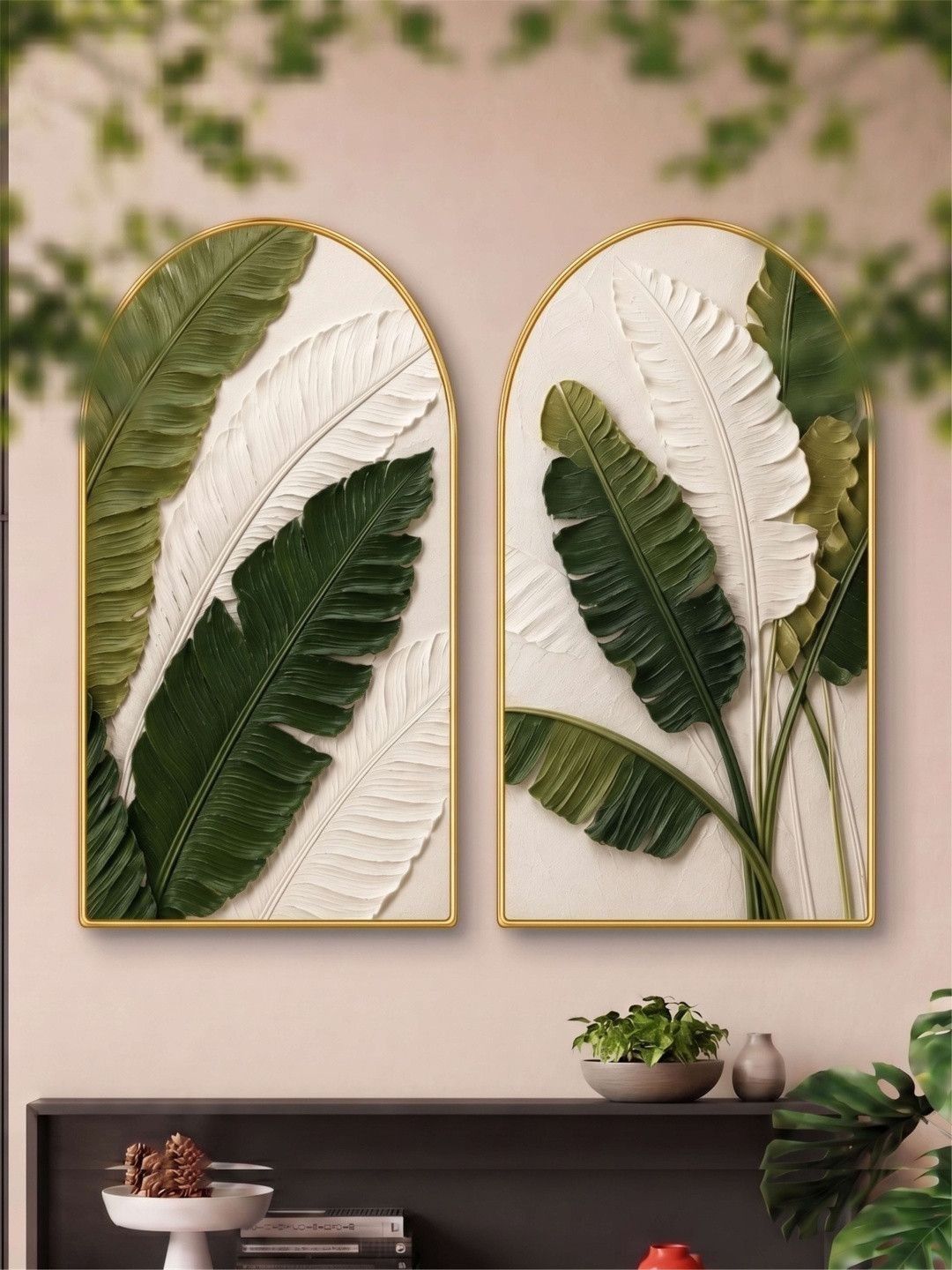 SAF White MDF 2 Pieces Tropical Leaf Portrait Wall Art - 30'' x 16''-image-39