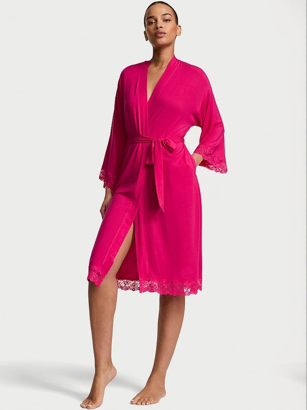 Victoria's Secret Modal Knee Length Lace-Trim Robe-image-2