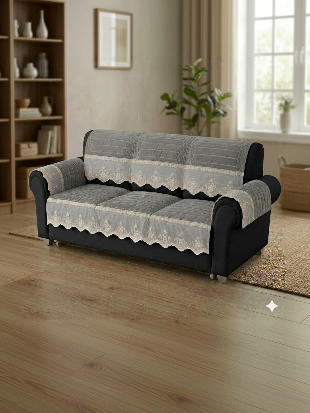 RAINBOW FURNISHINGS Grey Embroidered Viscose Rayon Blend Sofa Cover With Arms-picture-41