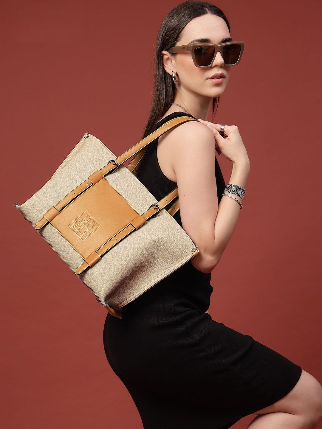 Red Tape Women Apricot White Self Design Colorblocked Casual Formal Structured Tote Bag-picture-14