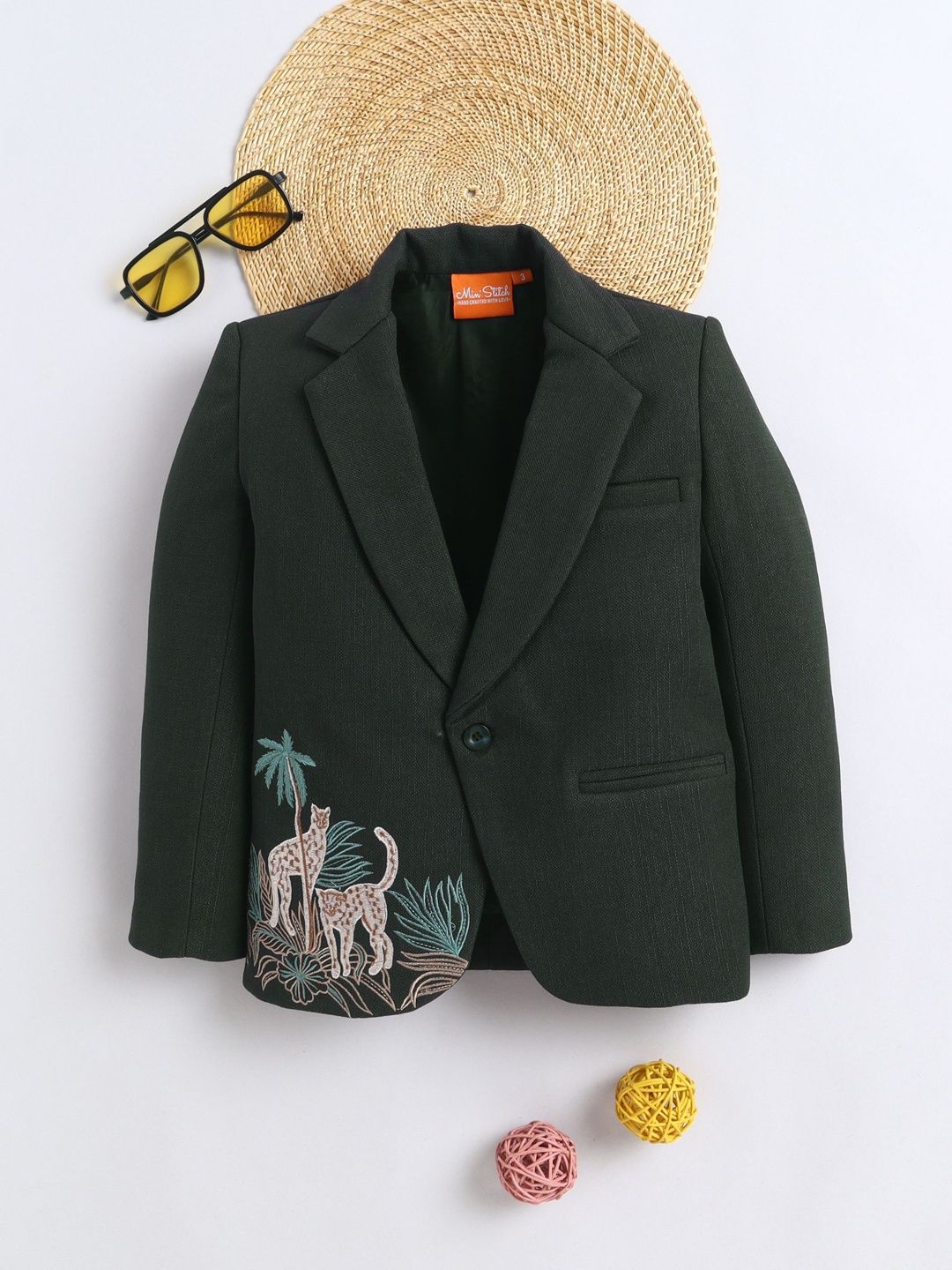 Ministitch Boys Embroidered Cotton Full Sleeves Jungle Blazer-picture-10