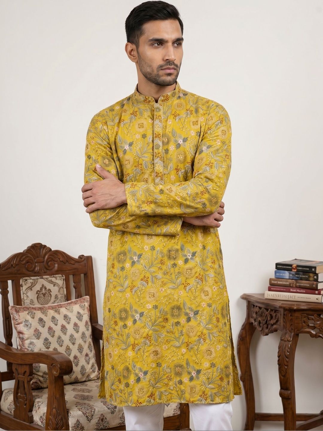 Jompers Men Floral Embroidered Mirror Work Kurta-picture-28