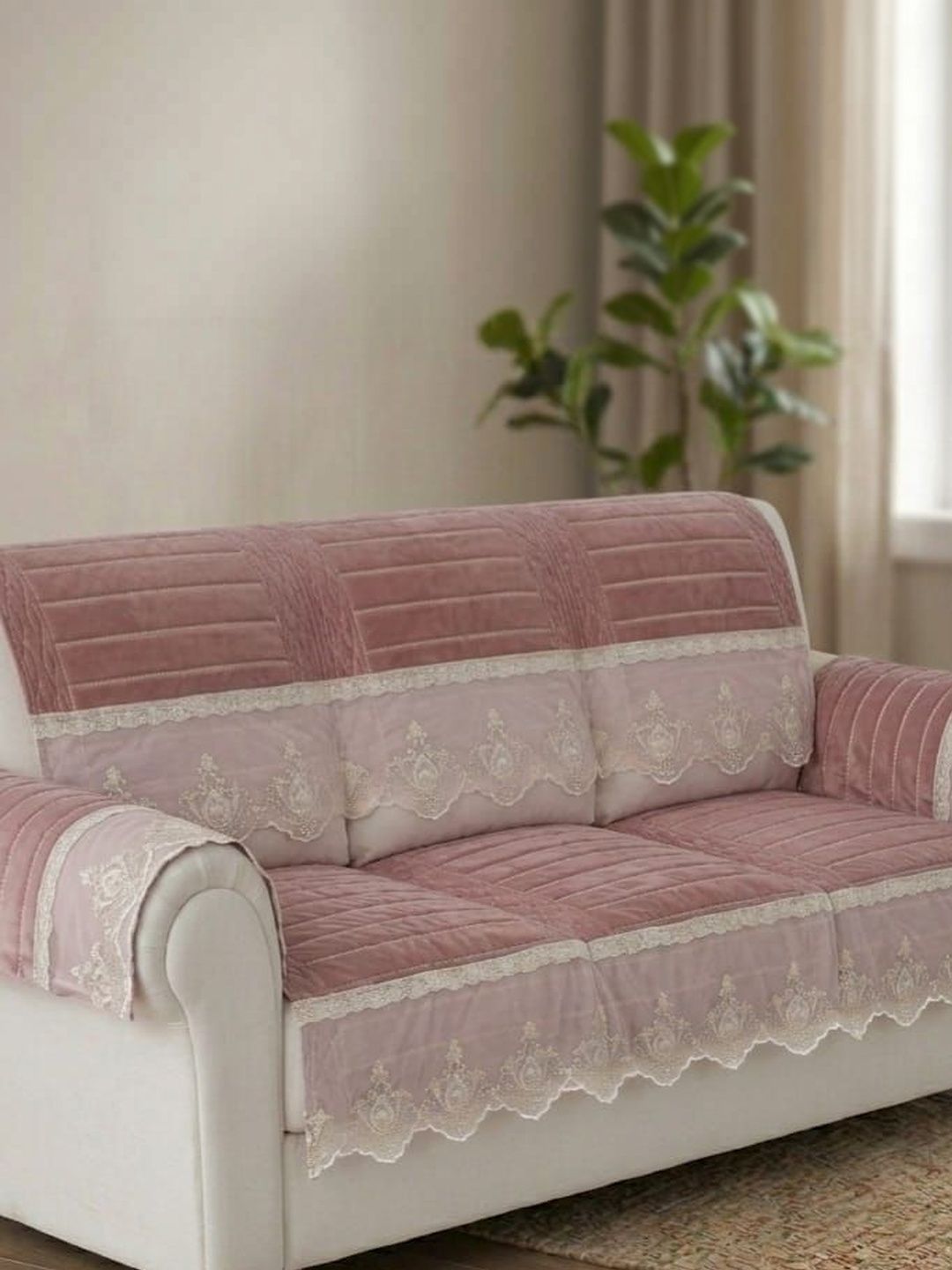 RAINBOW FURNISHINGS Pink Embroidered Viscose Rayon Blend Sofa Cover With Arms-picture-36
