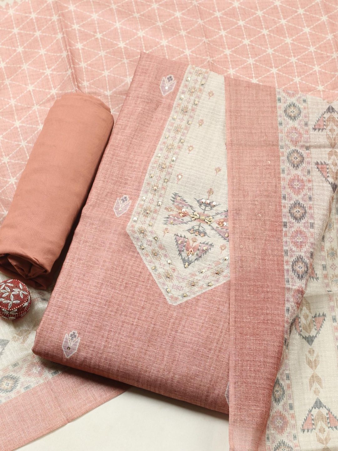 Meena Bazaar Ethnic Motifs Printed Sequinned Chanderi Silk Unstitched Dress Material-image-44