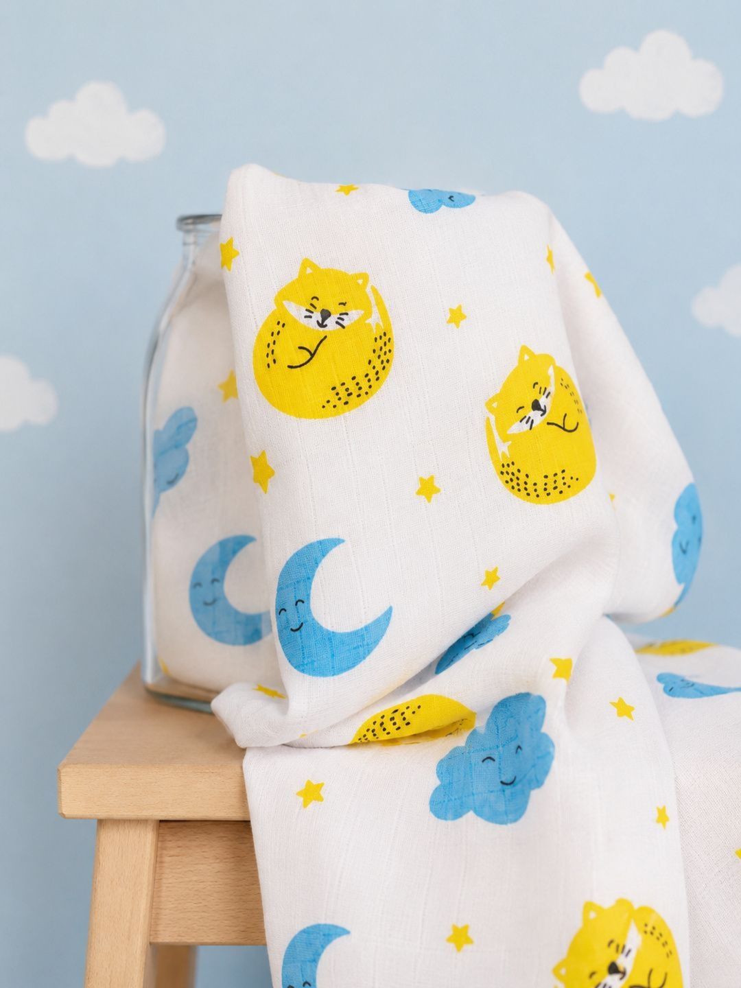 myminibuds White & Yellow 1 Piece Printed Cotton 120 GSM Towel Set-picture-12