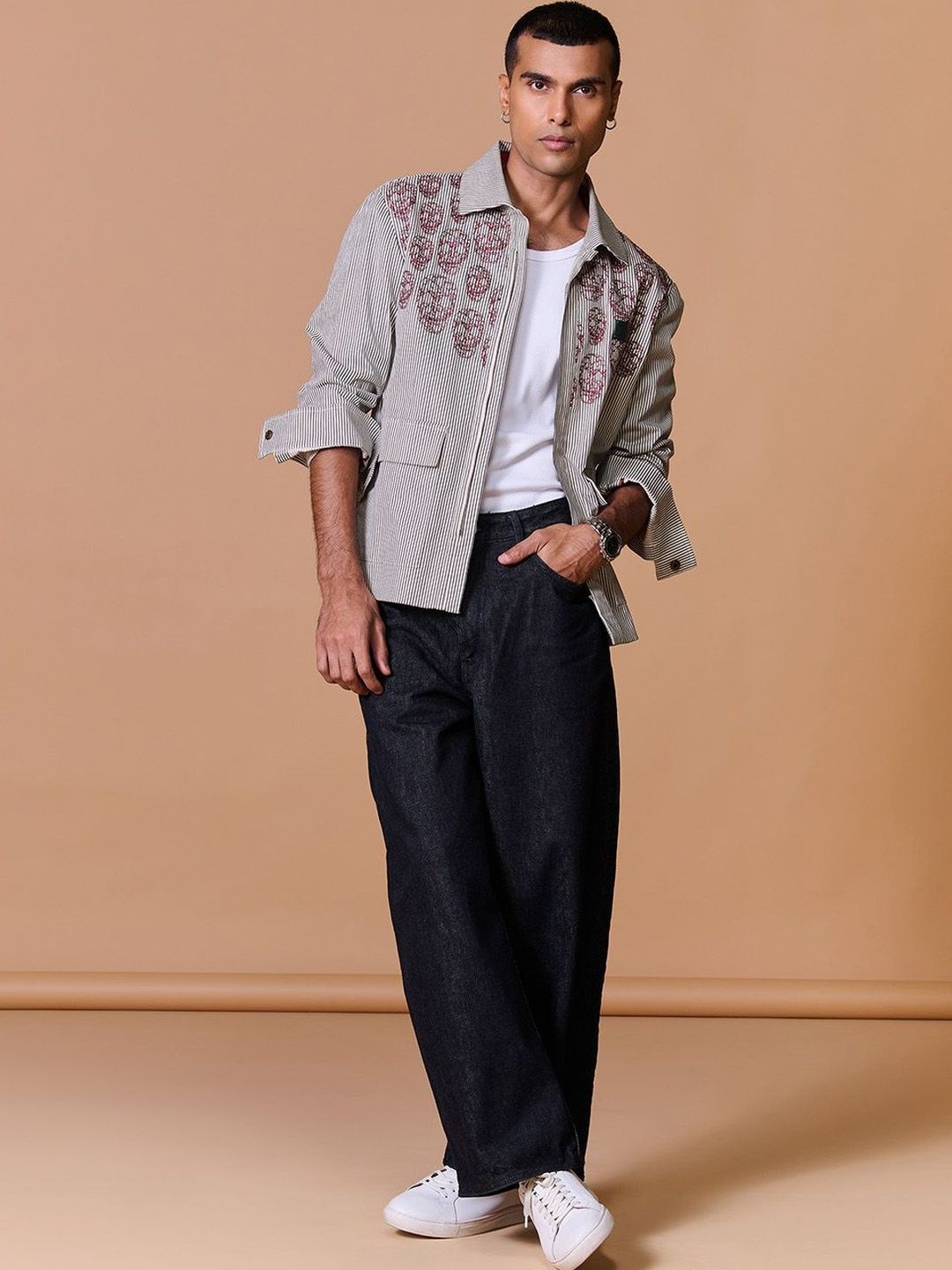 S&N by Shantnu Nikhil Men Striped Open Front Jacket with Embroidered-picture-19