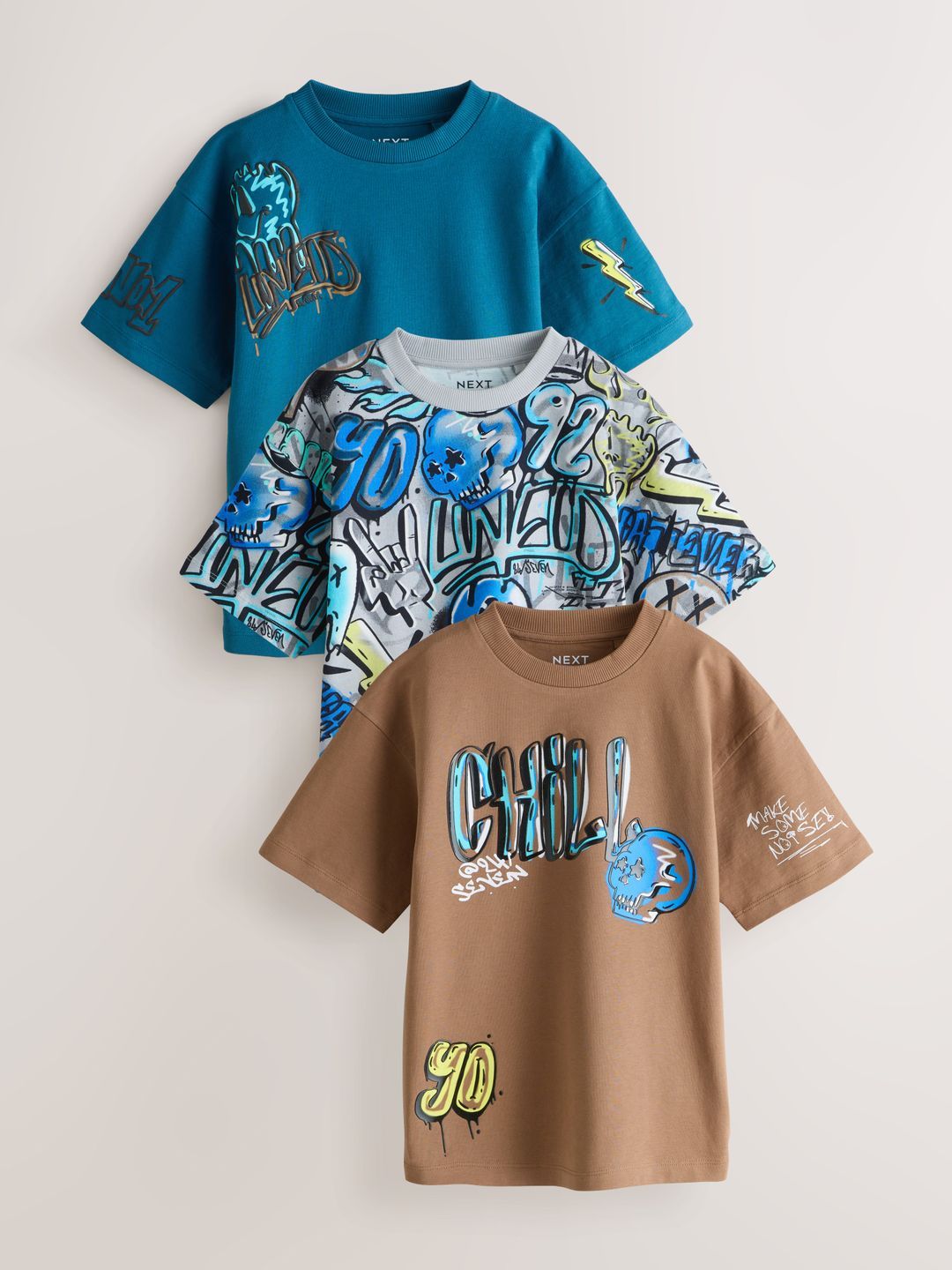 NEXT Boys Pack Of 3 Typography Printed Drop-Shoulder Sleeves Relaxed Pure Cotton T-shirt-picture-23