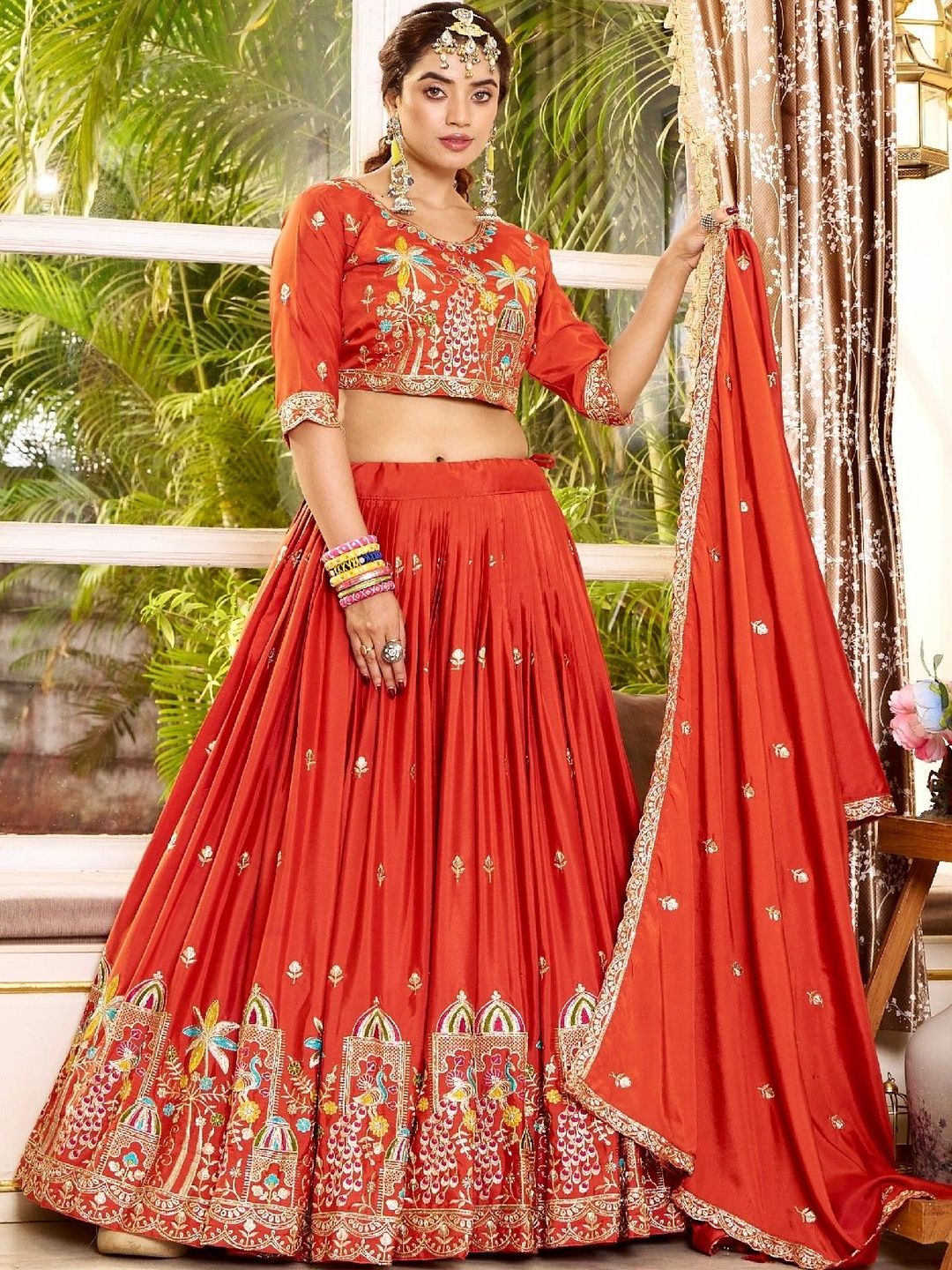 HERE&NOW Embroidered Thread Work Ready to Wear Lehenga & Blouse With Dupatta-picture-30