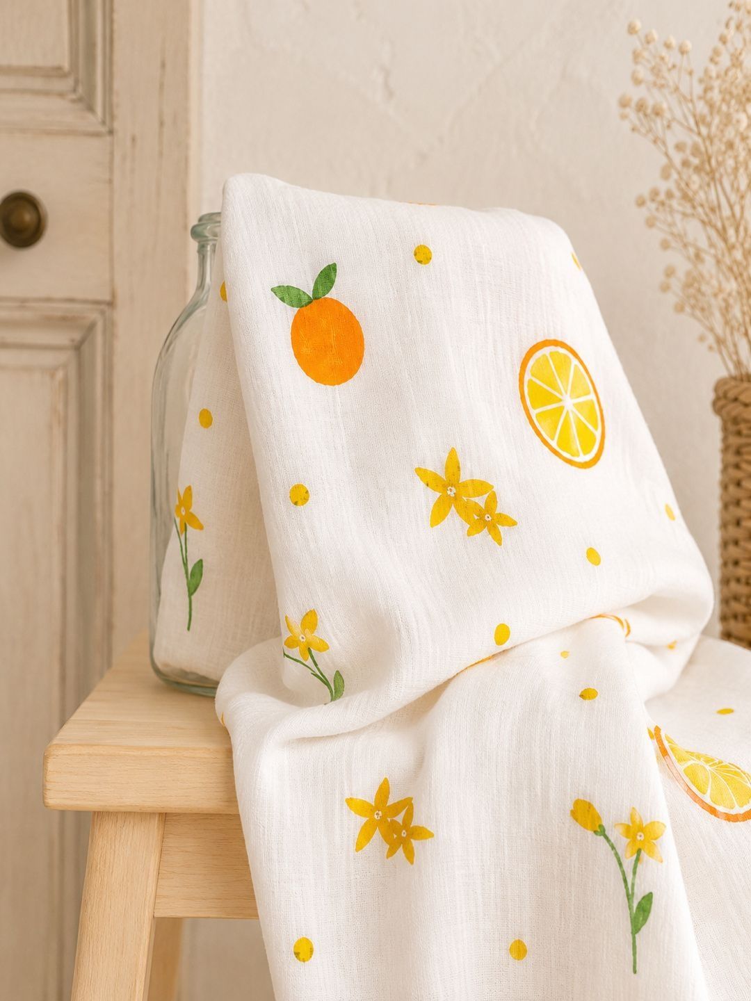 myminibuds White & Yellow 1 Piece Printed Cotton 120 GSM Towel Set-picture-12