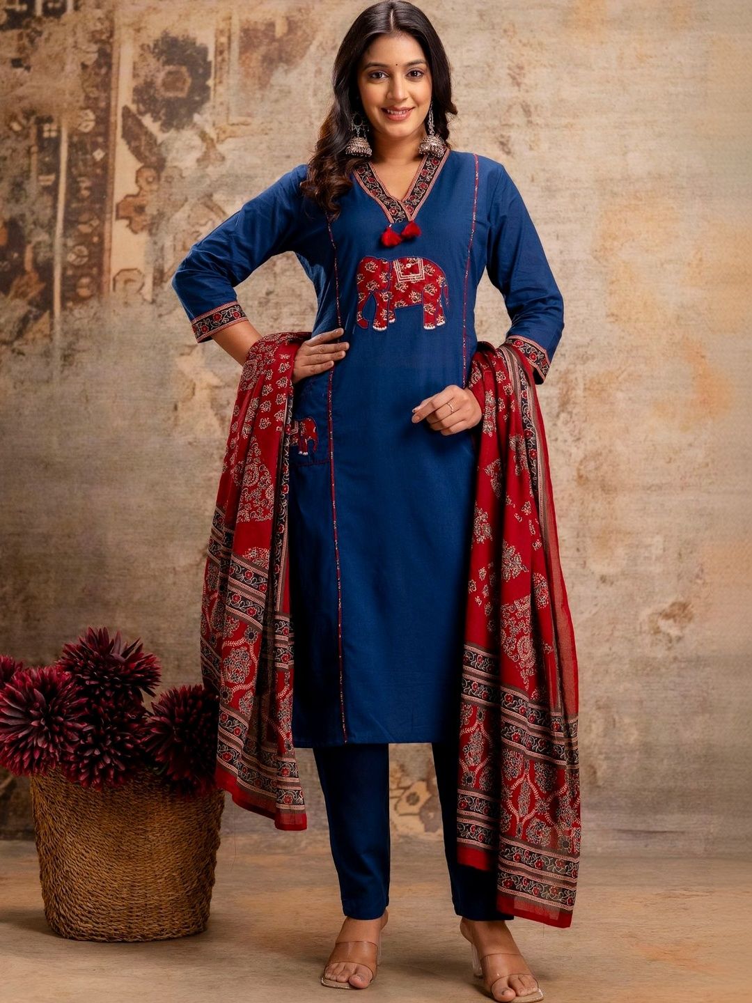 Anouk Women Ethnic Motifs Yoke Design Regular Thread Work Pure Cotton Kurta with Trousers & With Dupatta-image-49