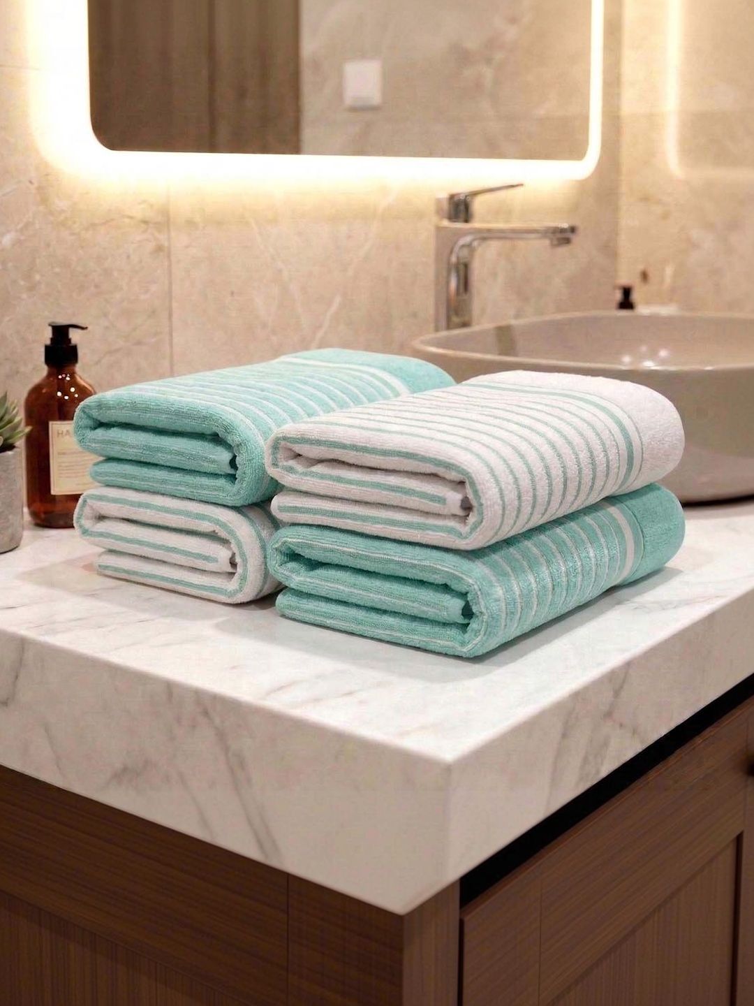 Athom Living 4 Pieces Sea Green Striped Cotton Hand Towels-image-12