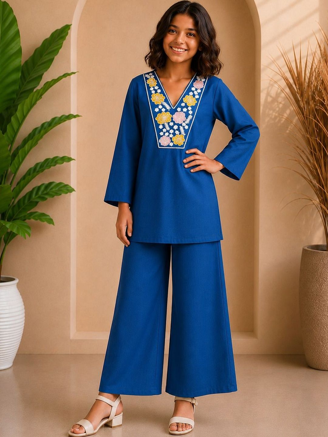 Sangria Girls Floral Embroidered Empire Thread Work Kurta with Palazzos-image-33