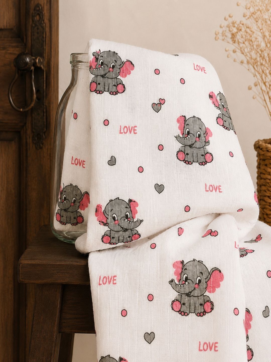 myminibuds White & Pink 1 Piece Printed Cotton 120 GSM Towel Set-picture-21