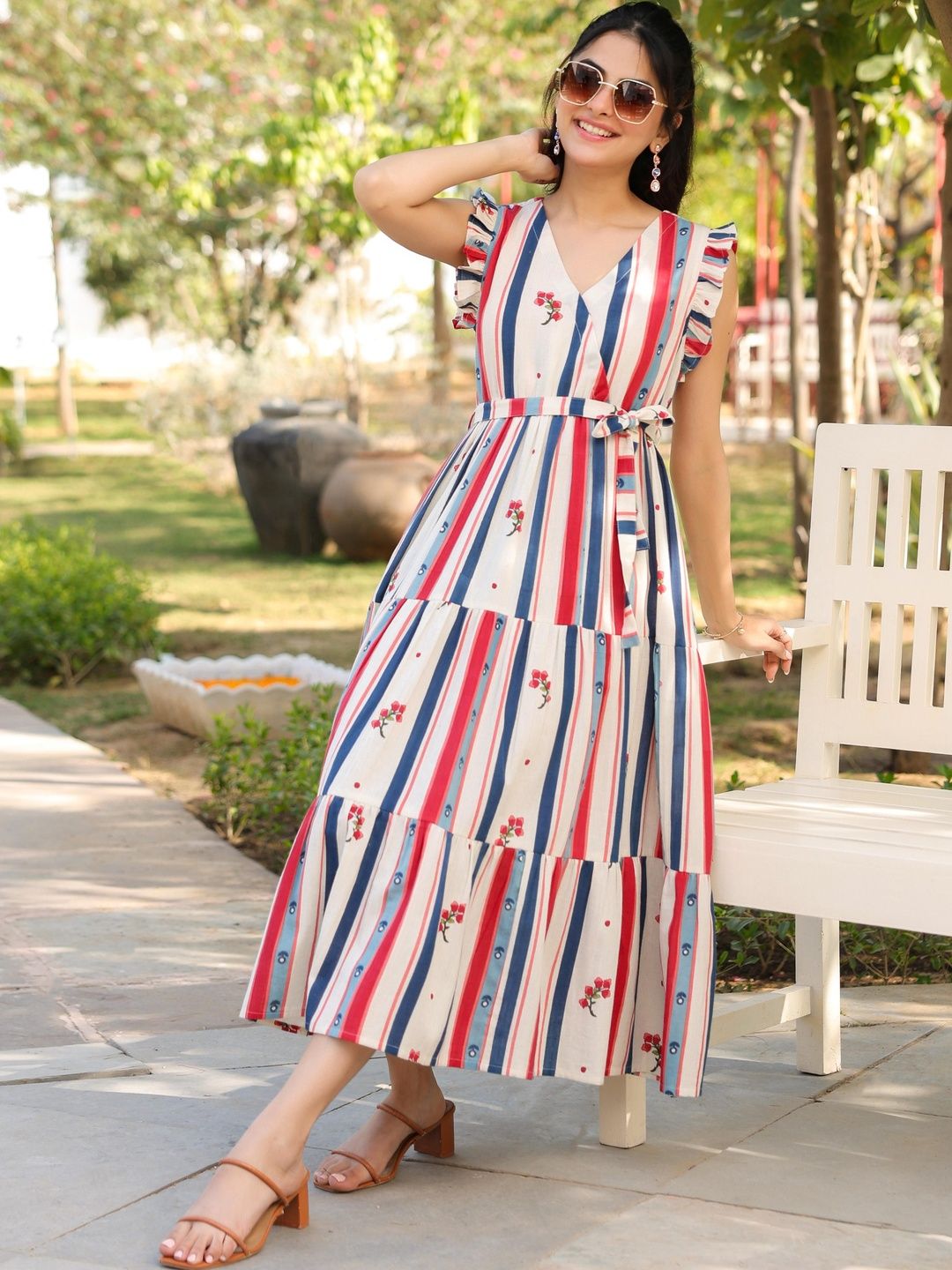 Rain & Rainbow Striped Pure Cotton V-Neck Fit & Flare Ethnic Dresses-image-11