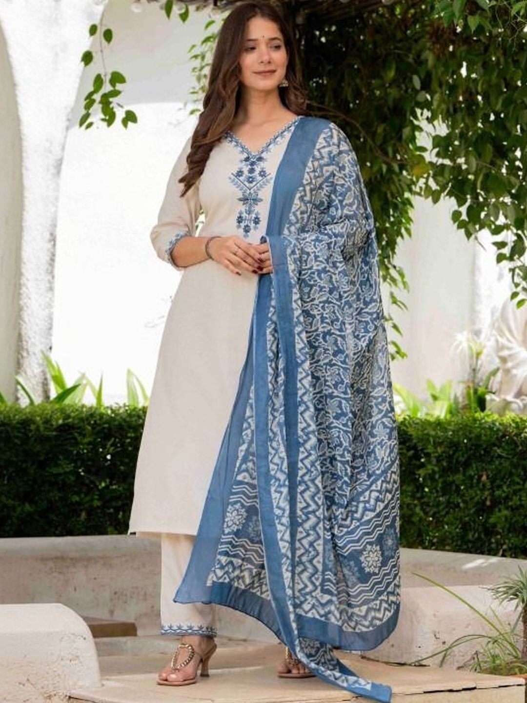 NARI DREAM Women Ethnic Motifs Embroidered Regular Thread Work Pure Cotton Kurta with Trousers & With Dupatta-picture-33