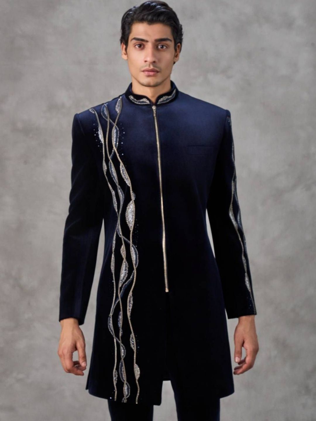 Twamev Sequin Embroidered Mandarin Collar Sherwani Set-picture-55