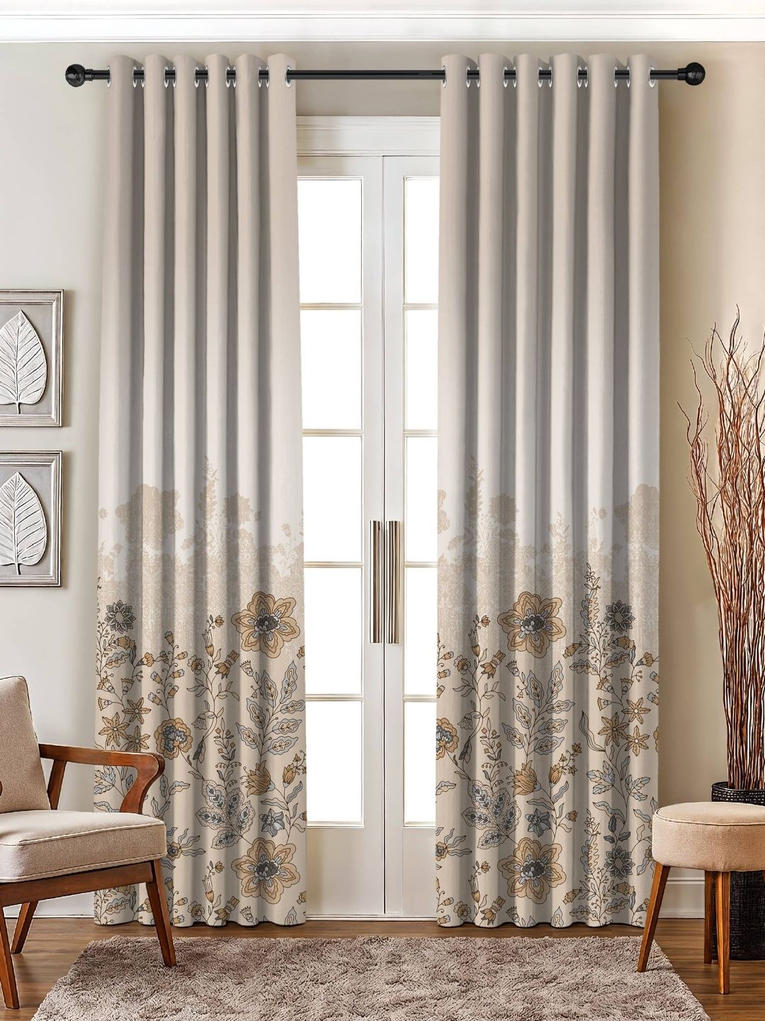 CASABLEU Tan Set of 2 Floral Room Darkening Long Door Curtain-picture-30