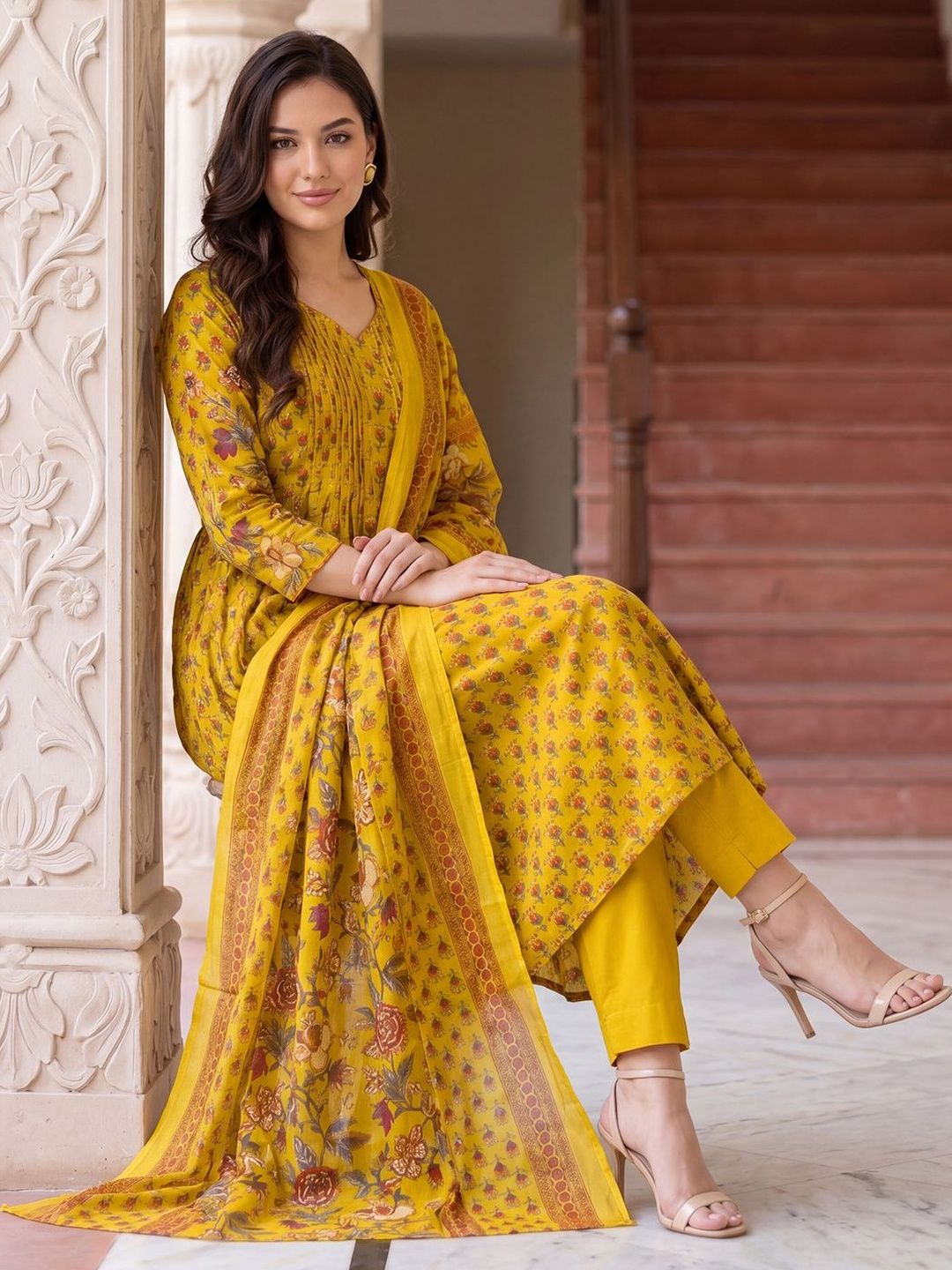 Indo Era Women Floral Printed Empire Pure Cotton Kurta with Trousers & With Dupatta-picture-18