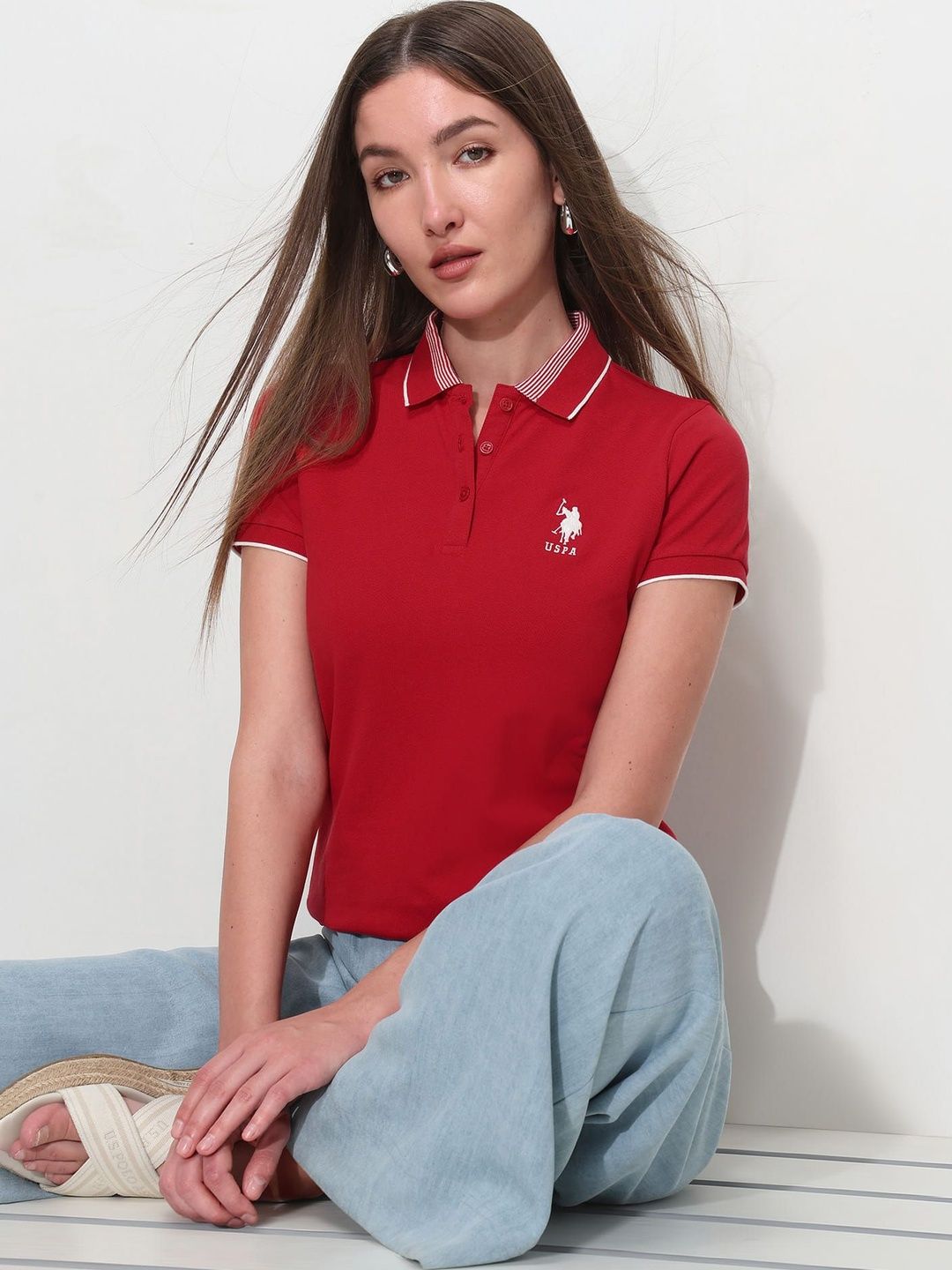 U.S. Polo Assn. Women U.S. Polo Assn. Women Women Brand Logo Polo Collar T-shirt
