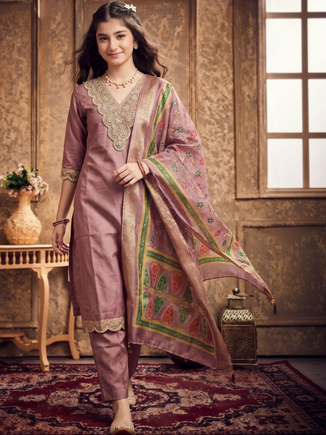 SPANGEL FASHION Girls Ethnic Motifs Embroidered Regular Kurta with Trousers & Dupatta-picture-23